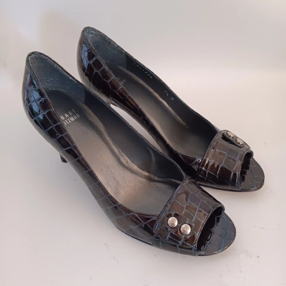 Stuart Weitzman Patent Leather Crocodile Embossed Peep Toe Heels 7.5 EUC - Image 2 of 4