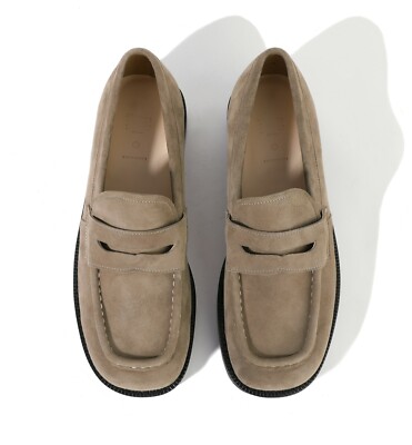 Firenze Atelier Men's Handmade Beige Lambskin Suede Square Toe Penny Loafers