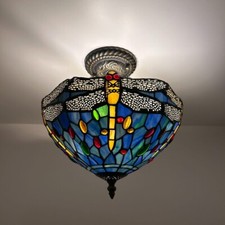 Tiffany Style Ceiling Lights Fixture Blue Stained Glass Dragonfly LED Bulbs 12"H