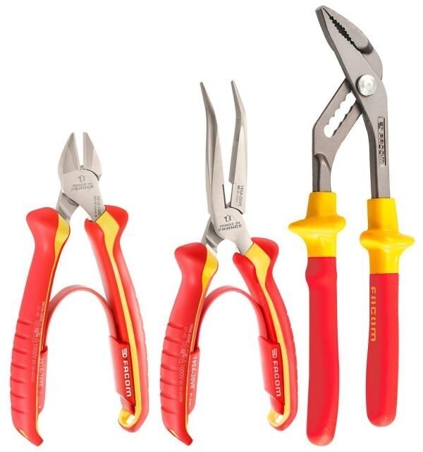 Facom VE.A3 3 Piece VDE Insulated Plier Set Sip Joint, Snips, Long Bent Nose