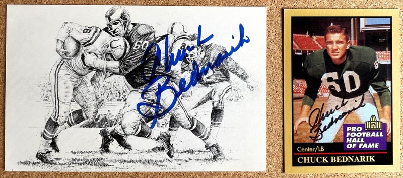 Chuck Bednarik (1925-2015), Football Hall of Fame, Eagles - Autographed Set of 2