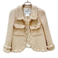 CHANEL 07A ECRU CHAIN EMBELLISHED TWEED CC LOGO BUTTON BLAZER JACKET FR42