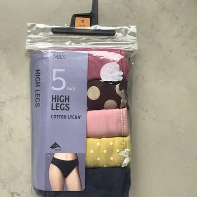 M&S Ladies Cotton Lycra High Leg Knickers 5 Pack Size 10 Multi - Image 1 of 4