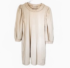 Here + Now Women’s Large Beige Puff Sleeve Mini Dress Braided Trim Pockets