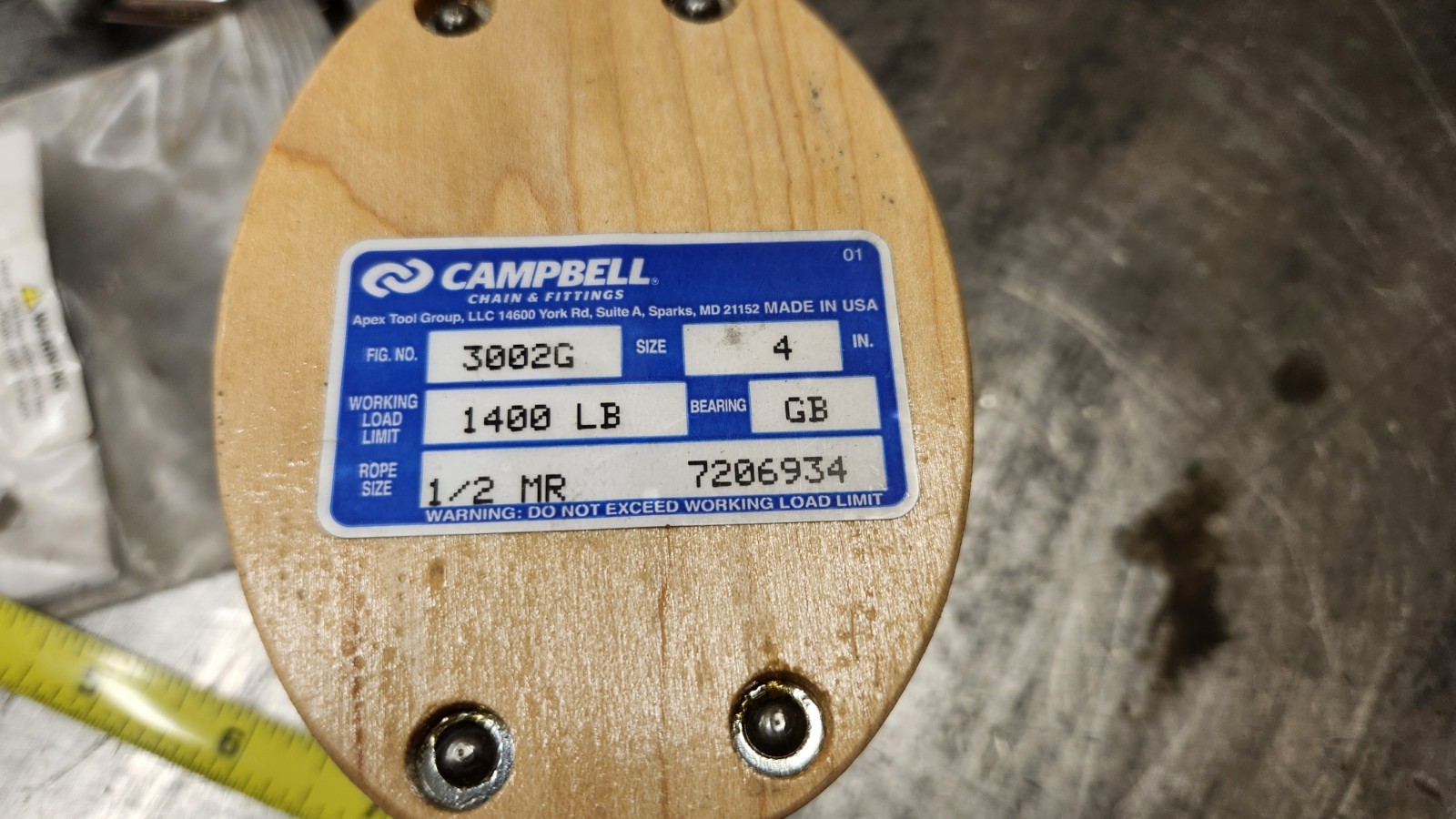 Campbell 7206934 3002G  1400-lb Double Pulley Wood Block Tackle  1/2" Rope NEW