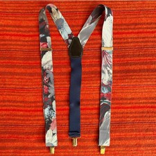 1950s Silk Braces Clip On Y-Back Blue Red Abstract Print Vintage Suspenders