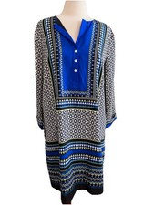 Crown and Ivy Dress Sz 12 blue Black geometric sheath 3/4 Sleeve