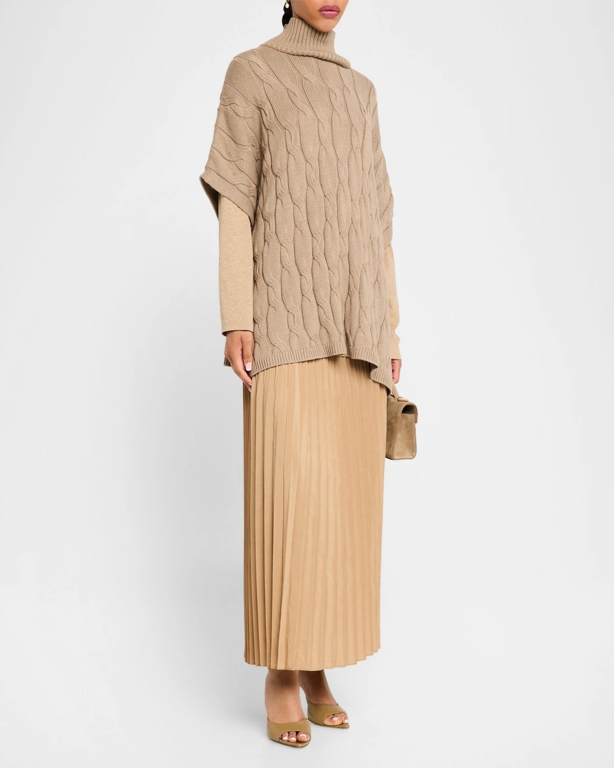 Eileen Fisher Cable Knit Turtleneck Alpaca Blend Poncho Women's L/XL Biscuit