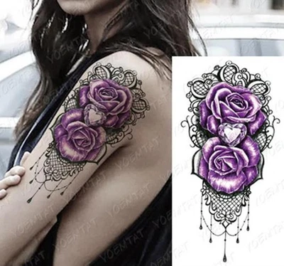 QUEEN OF ENVY Purple Roses Temporary Tattoo Waterproof Womens tattoos Fake Body Thigh Back