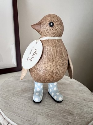 DCUK Wooden Penguin  Blue White Polka Dot Boots  Wellie Garden 