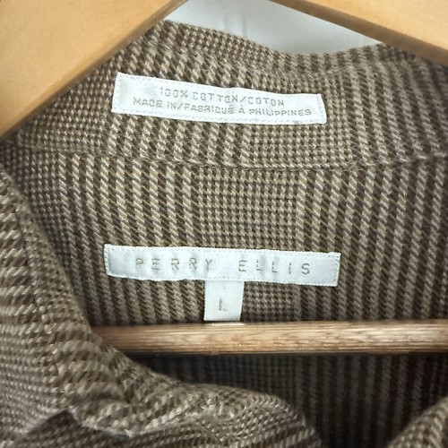 Men's Perry Ellis Glen Plaid Long Sleeve Button-Down Brown Shirt Size LARGE - Picture 3 of 4
