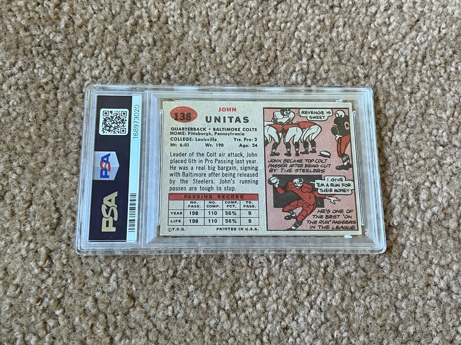1957 Topps #138 John Unitas Baltimore Colts Rookie HOF Freshly Graded PSA 1 view 4