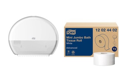 Tork Mini Jumbo Bath Tissue Roll Dispenser, White - T2 + Refill - Advanced Mi...