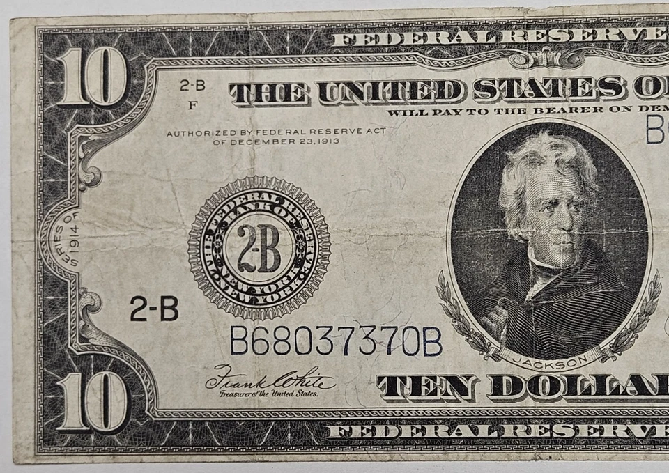 1914 $10 Dollar Federal Reserve Note New York FR#911C White-Mellon Type 3 d218 - Image 2 of 4