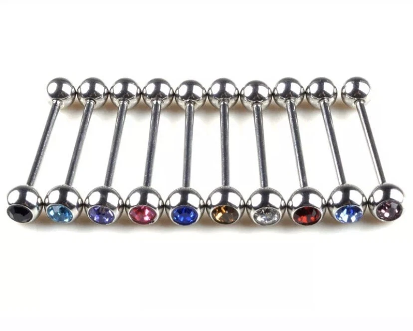 (Paquete de 2) Barbells anillo lengua acero quirúrgico circonita cúbica diamantes de imitación 14G azul océano Foto 4 de 4