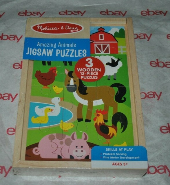 NEW Melissa & Doug AMAZING ANIMALS Jigsaw Puzzles 3 Wooden 12Piece