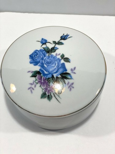 Vintage Porzellan Schmuckschatulle blaue Rosen handbemalt Made in Japan 4" x 2" - Bild 2 von 5