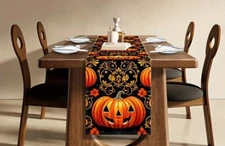 13x72” Table Runner, Autumn Thanksgiving Halloween Pumpkin Design vintage style