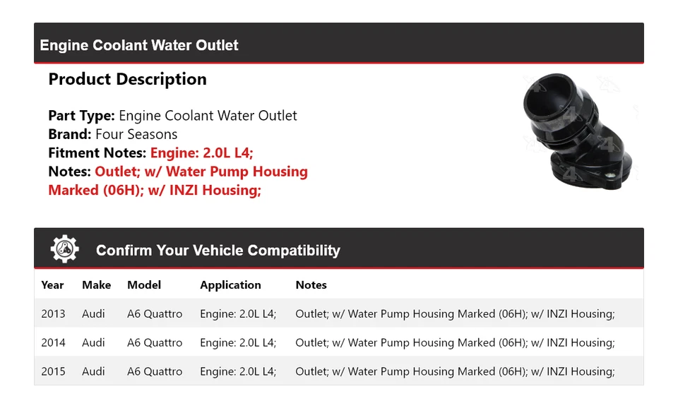 Salida de agua refrigerante motor L4 2,0 L para Audi A6 Quattro 2013-2015 4 estaciones 2014 Foto 2 de 4