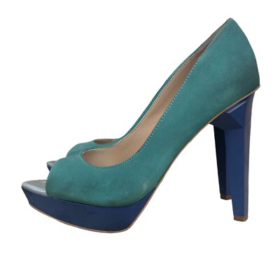 Rachel Roy Heels Suede Leather Color-Block Teal/Blue Contrast Peep Toe  Pumps