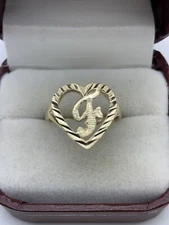 10k Yellow Gold Diamond Cut Cursive Initial "F" Heart Shape Ring Letter F Size 7