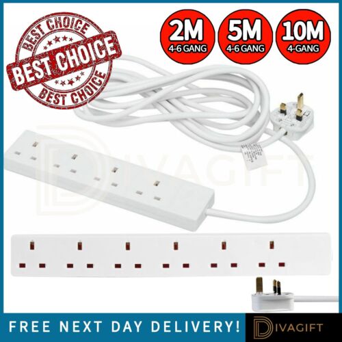 UK EXTENSION WHITE LEAD CABLE ELECTRIC MAINS POWER 4-6 GANG WAY PLUG SOCKET NEW - Picture 1 of 13