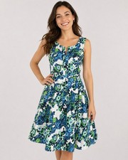 Tory Burch Dress Womens Size 8 Blue Green Floral Linen Fit Flare Sleeveless