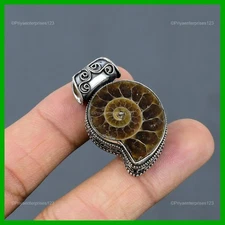 Ammonite Fossil Stone Elegant Unique Art Deco Vintage Pendant Sterling Silver