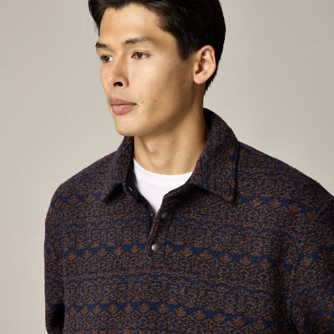 FILA Maglione J Crew misto lana 1 4 colletto a scatto giacca pile grande motivo marrone e blu