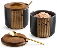 Black Ceramic Salt and Pepper Bowl Countertop Cellar with Lid Spoons Set