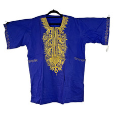 Dashiki African Nigerian Adult Blue Embroidered Gold Shirt Rayon Top Handmade L