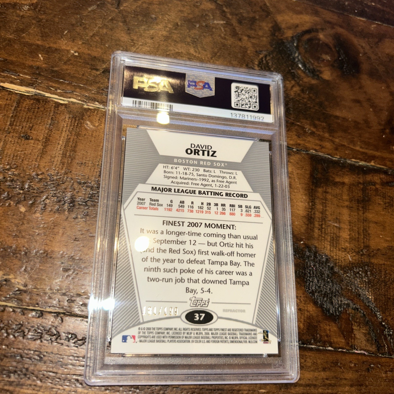 2008 Topps Finest #37 David Ortiz Green Refractor /199 PSA 9 Pop 1 Only 1 higher view 3