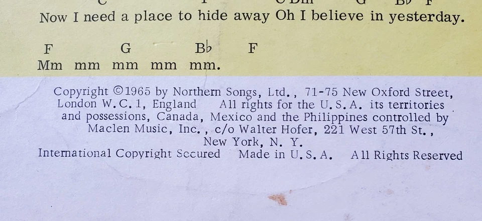 YESTERDAY Sheet Music John Lennon & Paul McCartney BEATLES 1965 Maclen Music - Image 4 of 4