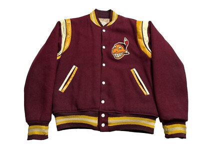60s Vintage Felco Letterman Jacket Canastota Cleveland Indians Logo Indian M