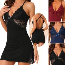 Women Sleeveless Lace Trim Nightgown Spaghetti Strap Cami Night Dress Sleepwear
