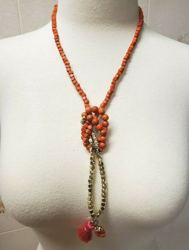 Chico's orange fun necklace gold tone metal & orange wood beads & gemstones 36" - Picture 6 of 11