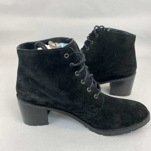 Long Tall Sally Black Leather Suede Ankle Lace Up Block Heels Bootie Boots UK9 - Picture 11 of 15