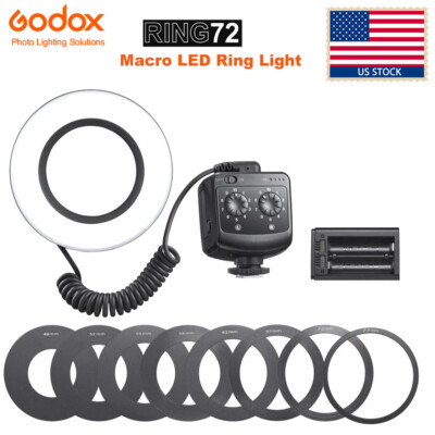 US Godox Ring72 Macro LED Video Fill Light+49-77mm Adapter Ring for DSLR Camera