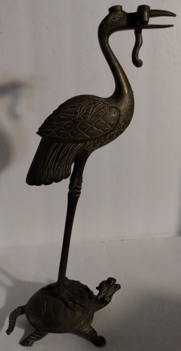 Vintage EXQUISITELY HAND CARVED Brass Crane Standing On Turtle