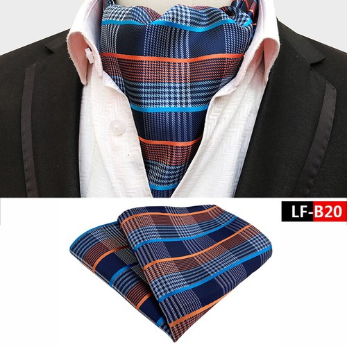 New Classic Men's Ascot Cravat Tie Silk Paisley Blue Scarves Cravat Hanky Set - Afbeelding 37 van 45