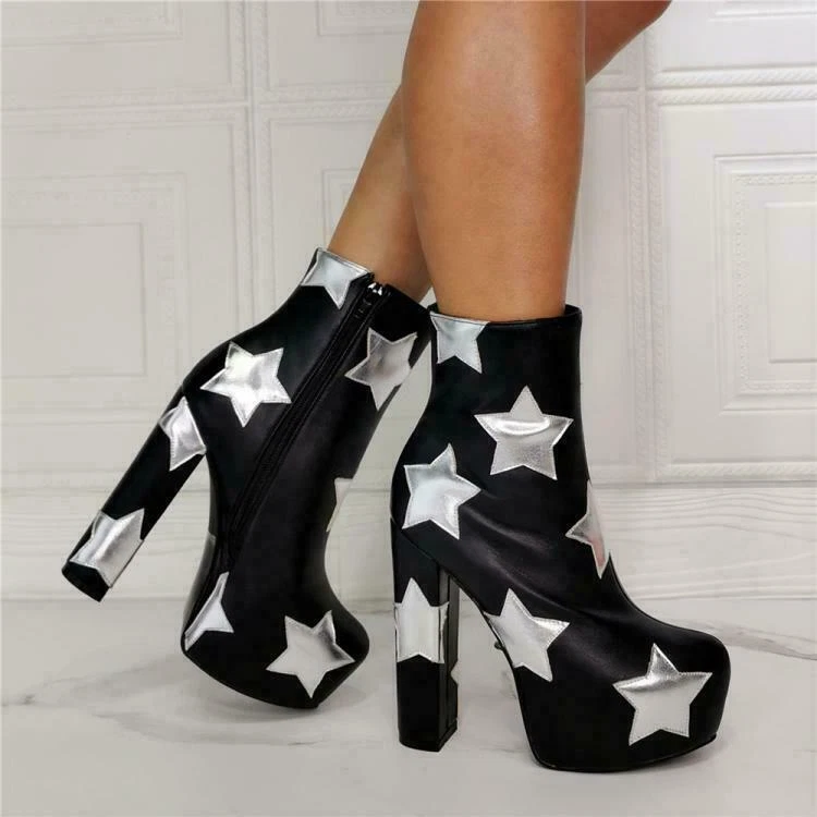 Womens Chic PU Leather Star Stitching Platform Block Heel Ankle