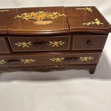 VTG Japanese Jewerly Floral Wooden Mirror, Music Box, Love Story Song 13x5.5”