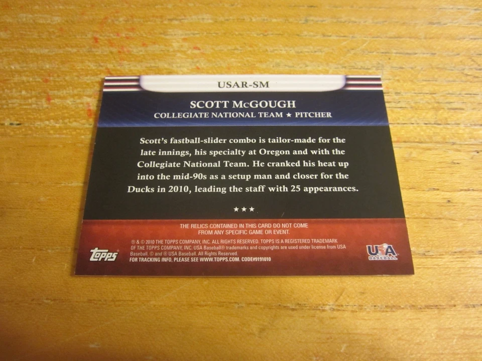 Scott McGough 2010 USA Baseball Triple Jerseys #SM Jersey Relic Card MLB Dodgers - Image 2 of 2