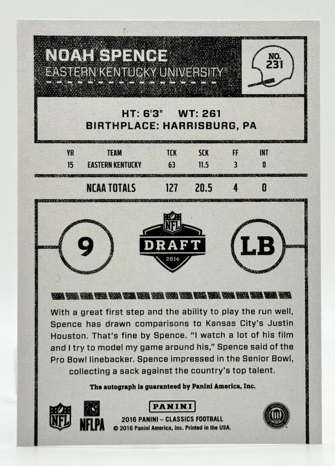 2016 Panini Classics #231 Noah Spence RC Auto 52/199 Tampa Bay Buccaneers - Image 2 of 2