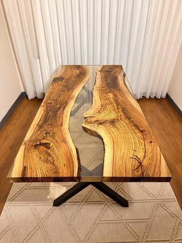 Amazing Clear Epoxy Resin Dining Table Top, Live Edge Wooden Furniture Decor - Picture 7 of 14