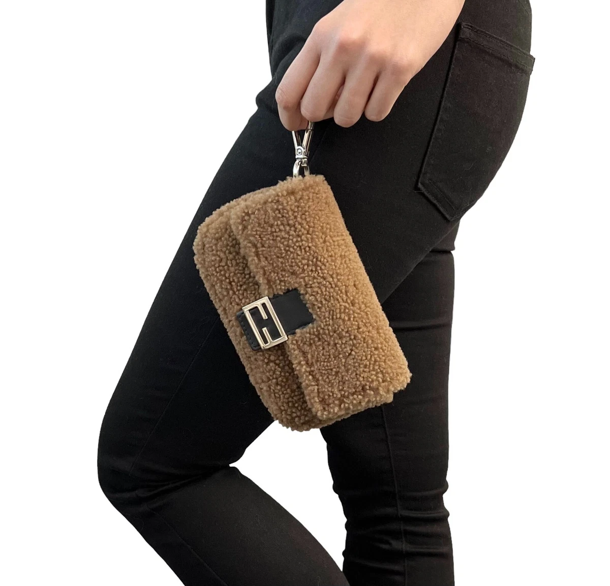 FENDI Vintage FF Logo Teddy Belt Bag Wristlet Pouch Boa Brown Wool Rank AB+