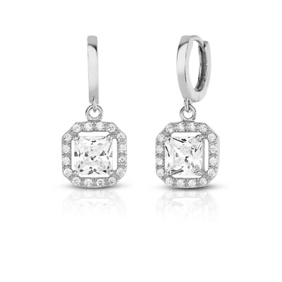 925 Sterling Silver White Topaz Princess Cut Halo Leverback Drop Dangle Earrings