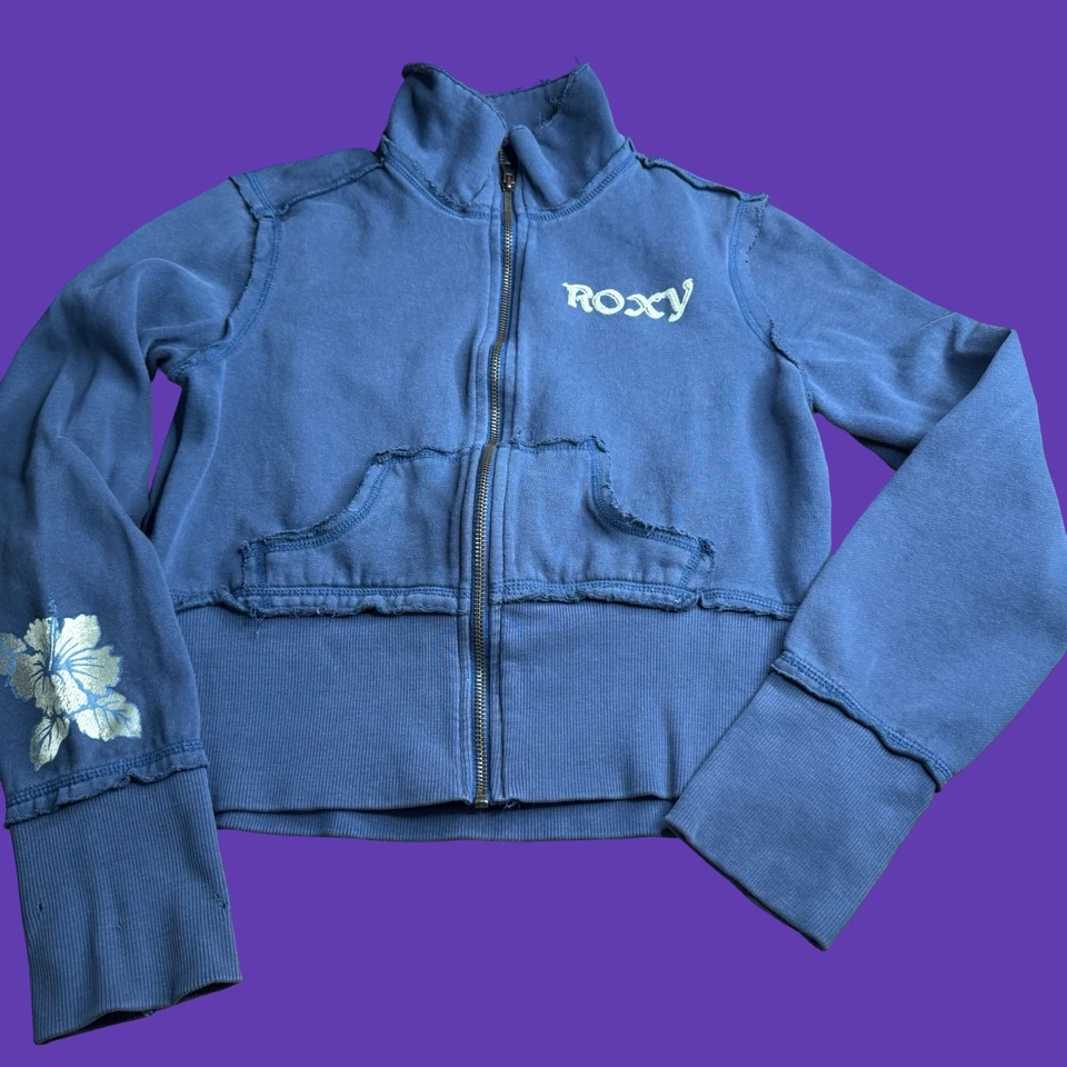 Roxy Womens Large Sweatshirt Vintage Distressed Hawaiian Flowers Blue Full Zip - Image 3 of 4