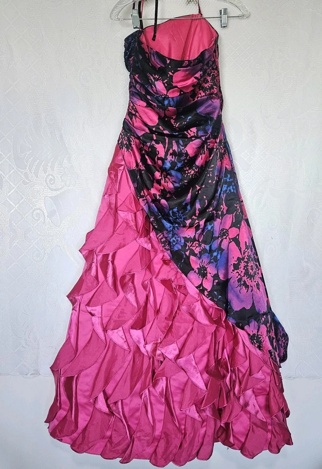 Maxi Vestido Jump Apparel Talla 7-8 Y2K Floral Asimétrico Volantes Lentejuelas Baile de graduación Foto 4 de 4