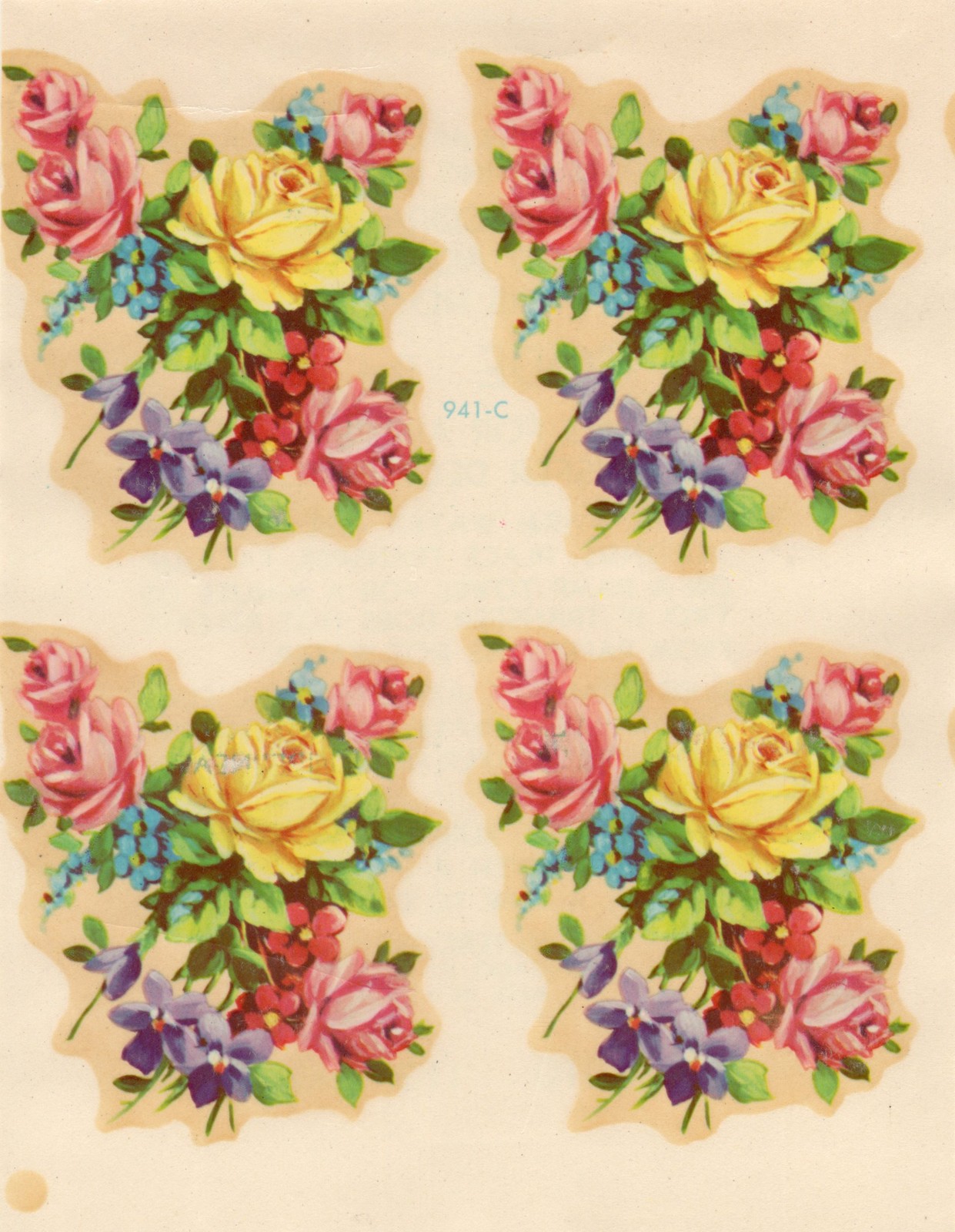Vintage Meyercord Decal 941-C Yellow Pink Roses Violets